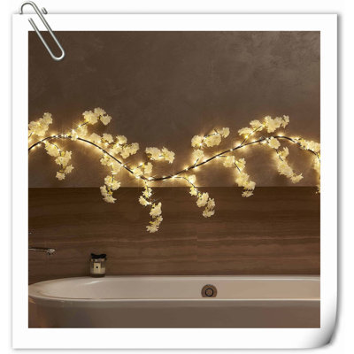 Lighted Garland With Timer White Cherry Blossom 96 Fairy Lights 6FT, Flower Garland With Lights Battery Operated For Fireplace Mantle Wedding Party Home Decoration