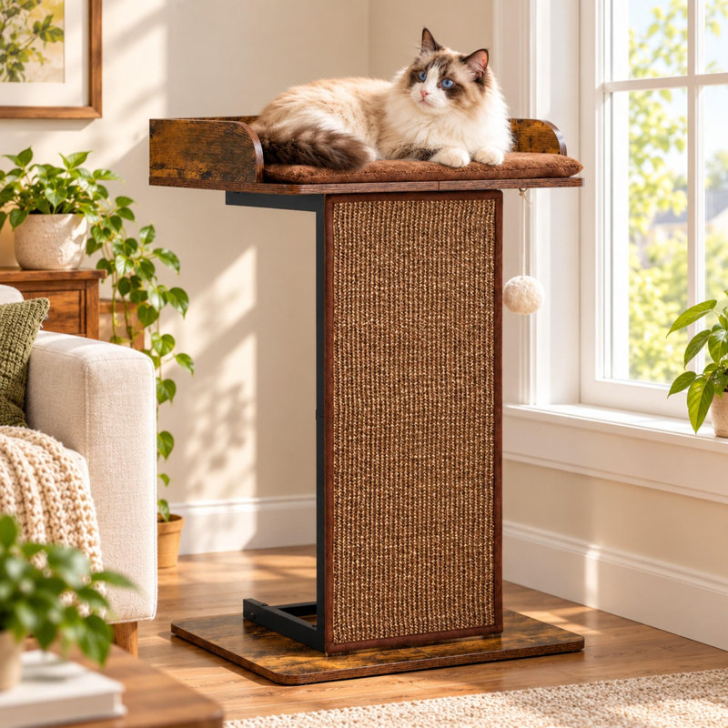 Modern Wood Cat Tree Tower with Large Perch Bed and Scratching Pad
