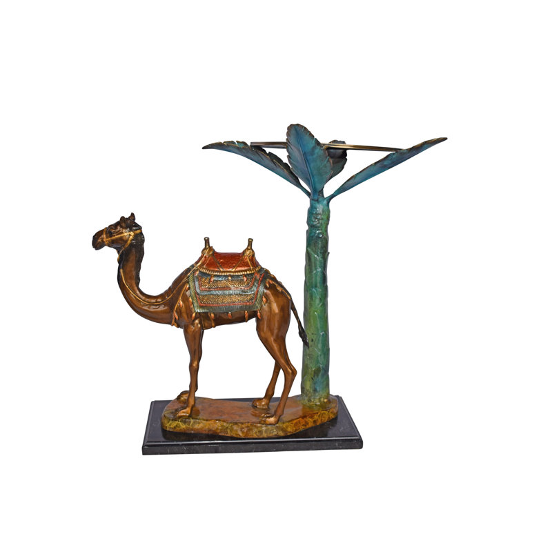 Statue bronze Bronte chameau debout sous un palmier - Taille: L 20 po x l 29 po x H 25 po.