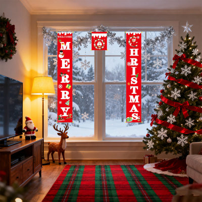 Door Christmas And Spring Festival Decoration 3-Piece Set 150 * 25Cm Couplet Hanging Decoration Outdoor Holiday Decoration Set To Create A Festive Atmosphere
