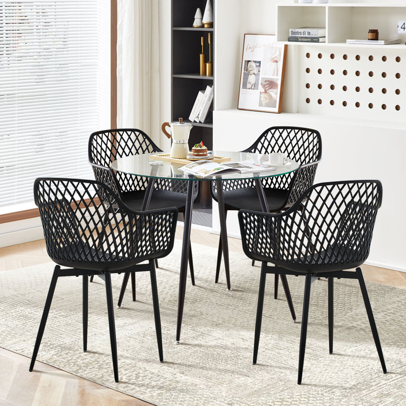 Ensemble de table de salle à manger élégant 5 pièces, table de salle à manger en verre et 4 chaises en plastique (chêne et noir)