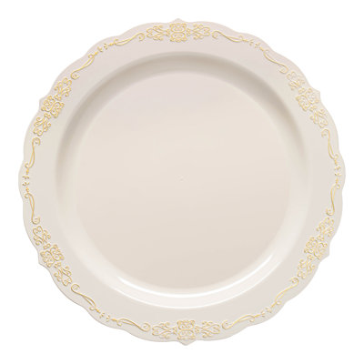 Ivory with Gold Vintage Rim Round Disposable Plastic Dinner Plates (10")