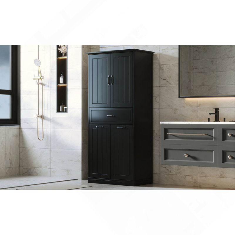 Bathroom Storage Cabinet with Two Laundry Baskets, Storage Cabinet with Doors and Drawer for Home, Black, Black