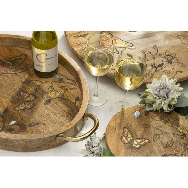 Mango Wood with Laser Butterfly Design Oval Tray with Handles.