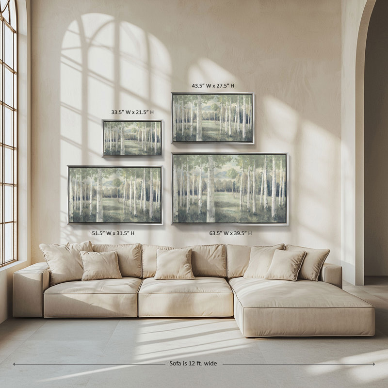 "Light Aspens" par Danhui Nai, reproduction sur toile dans un cadre flottant argenté, H 27,5 po x l 43,5 po