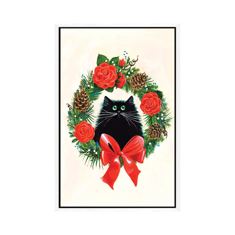 Black Cat In Rose Wreath by Kim Haskins - Print on Canvas, 152.5 cm H x 101.5 cm W, White Framed