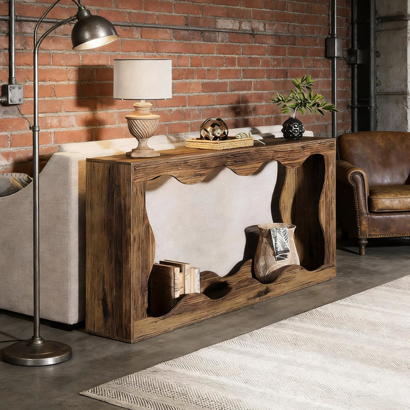 Table élégante en bois naturel aux ondulations ludiques, deux tables pour un rangement optimal, brun rustique, profondeur 163 cm, largeur 30 cm, hauteur 88,5 cm. Dynamisme visuel moderne et industriel pour une entrée.