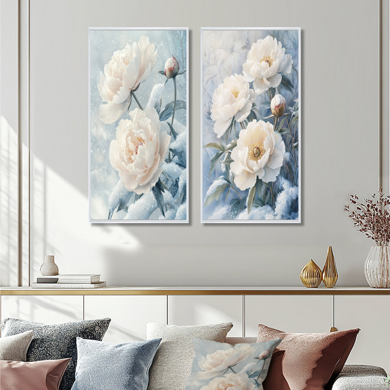 Pivoines dans les congères d'hiver I - art mural floral 2 panneaux, H 32 po x l 33 po, Cadre flottant blanc