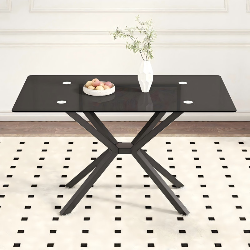47.24" Rectangular Tempered Glass Dining Table With Black Metal Legs