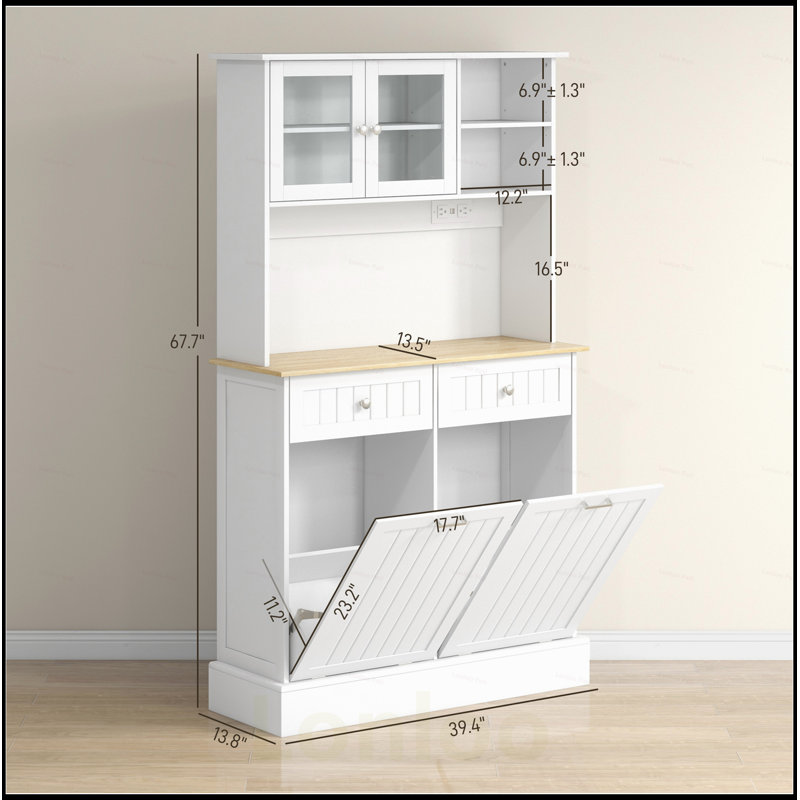 Kitchen Pantry Storage Cabinet with Charging Station, 2 Tilt Out Trash Cabinets and Microwave Stand, Freestanding Kitchen Hutch with Glass Doors and Adjustable Shelf