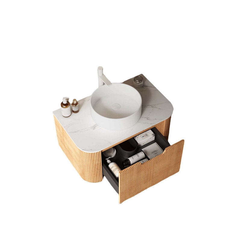 Bathroom Vanity With Sink, Modern Wall-Mounted Floating Curved Edges Striped Bathroom Storage Cabinet With A Drawer Round Ceramic Basin Without Faucet, Pre-Assembled