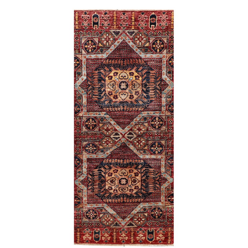 Hand-Knotted High-Quality Red and Navy Runner