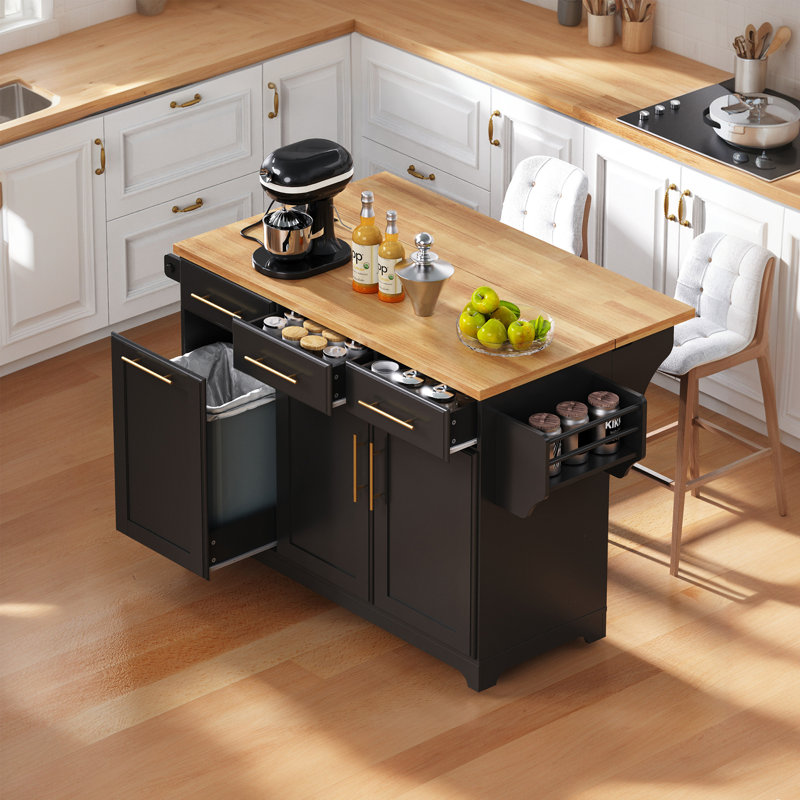 59.3-Inch Rolling Kitchen Island, With Power Sockets And Storage Space, 2 Pull-Out Cabinet Storage Racks And Fallen Leaves, With Trash Can Storage Space