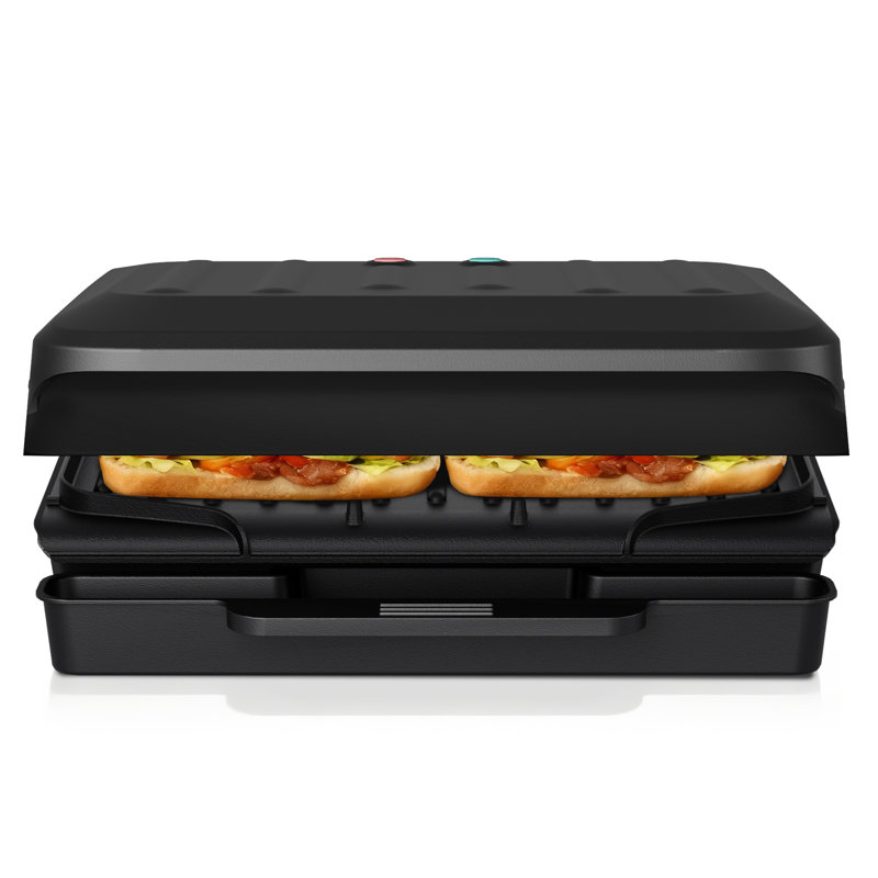 2-Serving Electric Grill and Panini Press, Tough Non-Stick Coating, Drip Tray Catches Grease, Black