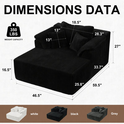 Méridienne de 60 po pour l'intérieur, canapé-lit rembourré surdimensionné en velours côtelé, fauteuils de lecture à assise profonde, fauteuils à canapé-lit pour le salon, sans assemblage requis (NOIR