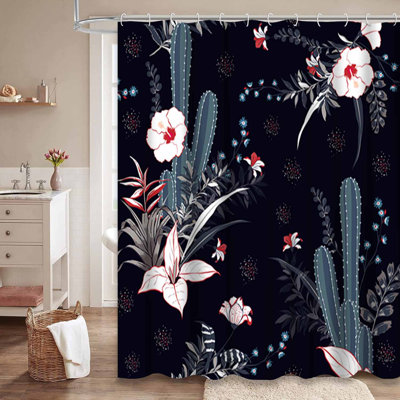 Cactus Plant Flowers Seamless Teal Shower Curtain with 12 Hooks