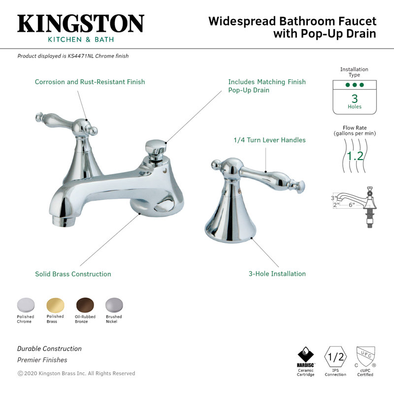 Robinet de salle de bain espacé à deux poignées et 3 poignées avec bonde escamotable en laiton Kingston, Chrome poli
