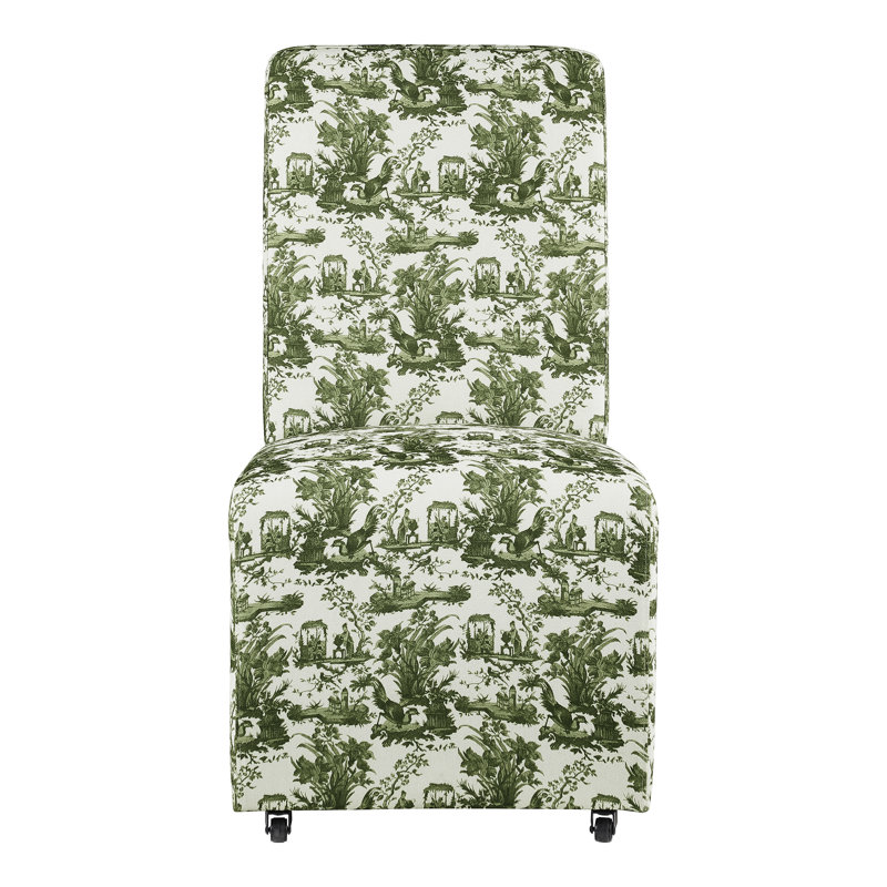 Chaise d'appoint rembourrée Colette avec roulettes, Toile de Jouy vert olive et blanc