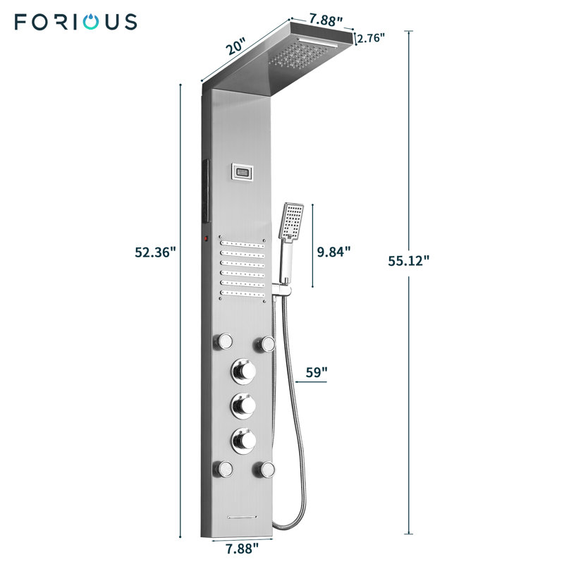 LED 55" Shower Panel With Fixed Shower Head, Silver