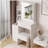 29.2" Small Size Left Bedside Cabinet Vanity Table + Cushioned Stool, Large Sliding, Touch Control, Tri-color Switching, Brightness Adjust LED Mirror, High Capacity Storage, Suitable for Small Space-1411982511