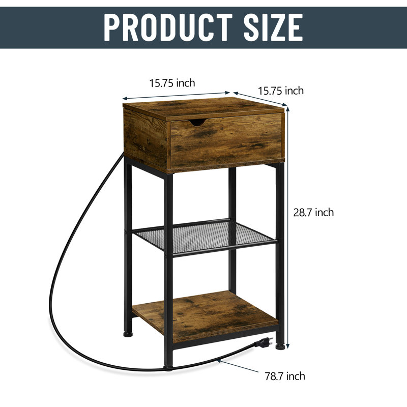 Ridan Solid Wood Top End Table with Storage and Built-In Outlets