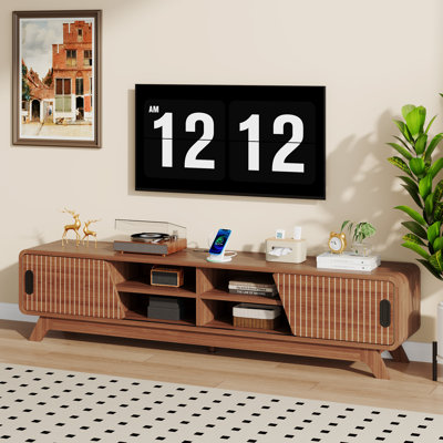 Meuble télé de style Mid-Century pour téléviseur de 80 po ou moins, 70,87 po avec portes à lattes, meuble audio-vidéo et rangement pour le salon