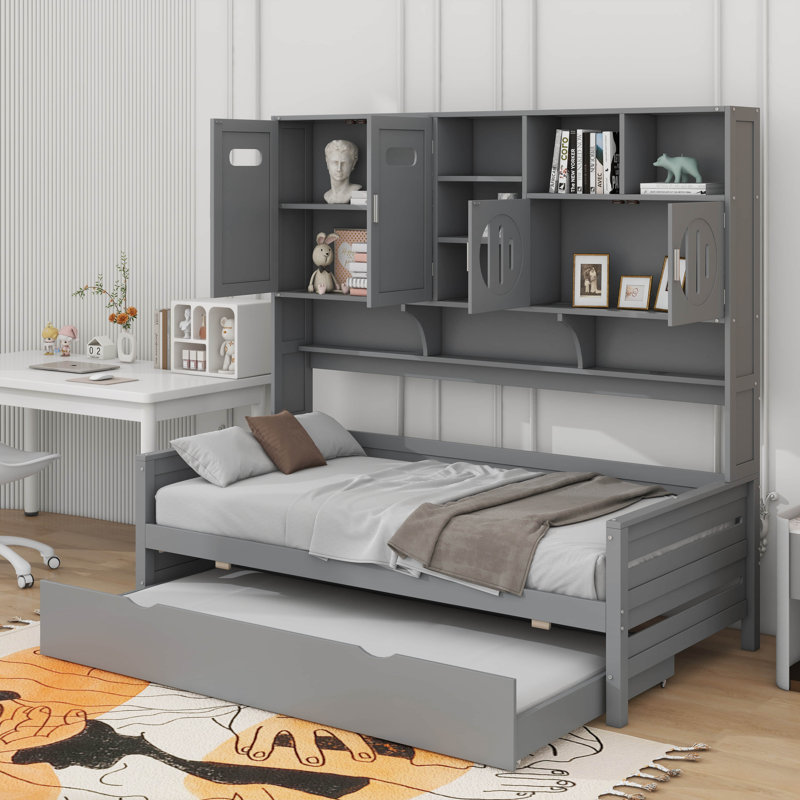 Lit de jour en bois avec lit gigogne simple et armoire et tablette tout-en-un, Lit simple, Blanc