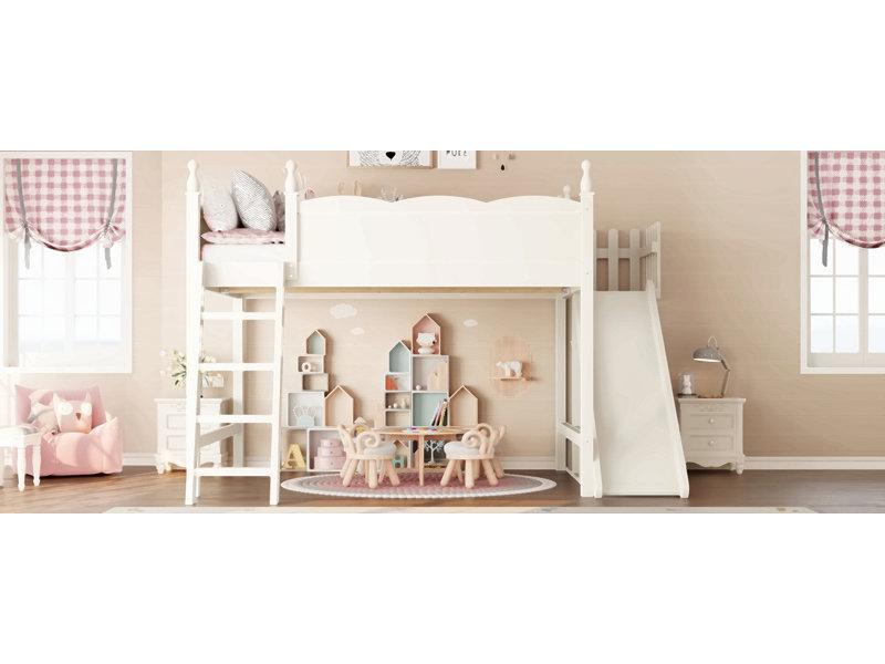 Lit mezzanine avec tablettes de rangement et garde-robe, lits mezzanine en bois massif avec glissière amovible et échelles