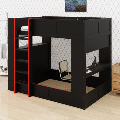Lit mezzanine Gamer avec bureau d'étude, tablettes à plusieurs niveaux, décorations à DEL et centre de recharge pour appareils