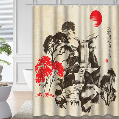 Japanese Waterfall Forest Vintage Style Shower Curtain with 12 Hooks