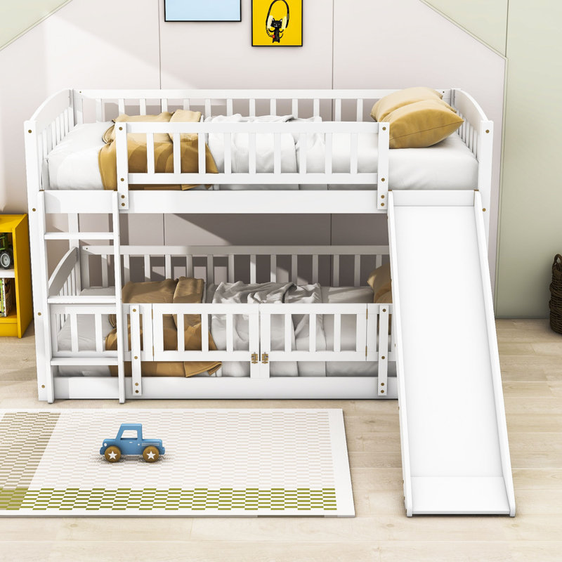 Harveen Wooden Bunk Bed with Slide and Fence by Harriet Bee, White, Twin over Twin