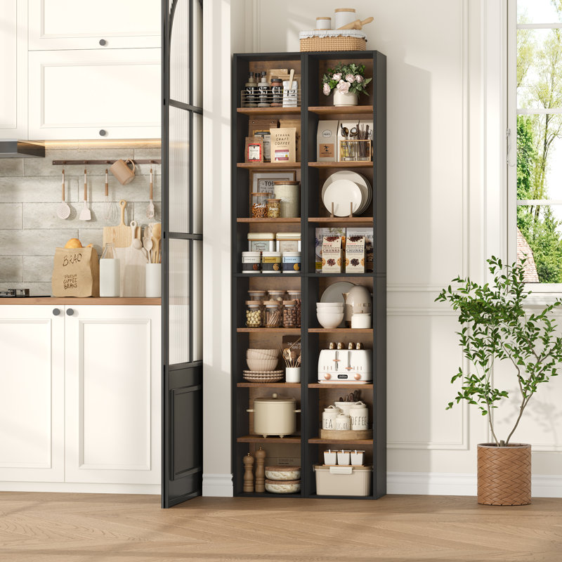 Gracyn 8-Tier Narrow Bookshelf With Adjustable Shelves, Black/Walnut, 2