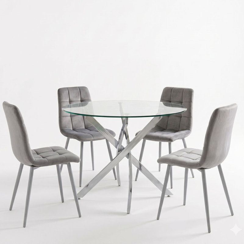 Modern Round Glass Dining Table Set with 4 Nova Velvet Dining Chairs 4 Seater Kitchen and Dining Room Set, Gray