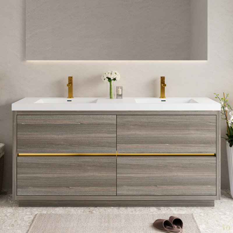 Meuble-lavabo autoportant de 72 po avec lavabo, meuble-lavabo avec comptoir en résine de pierre et tiroirs à fermeture en douceur entièrement assemblés