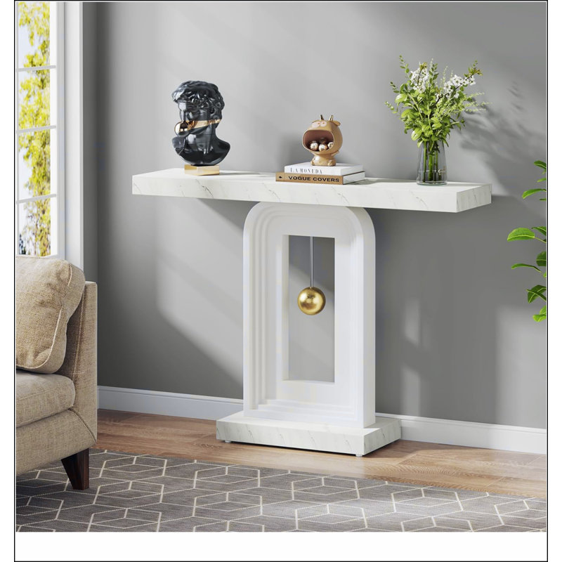 Console moderne avec base géométrique, canapé d'entrée étroit de 40 pouces avec décor doré, table d'appoint contemporaine en bois pour l'entrée du salon