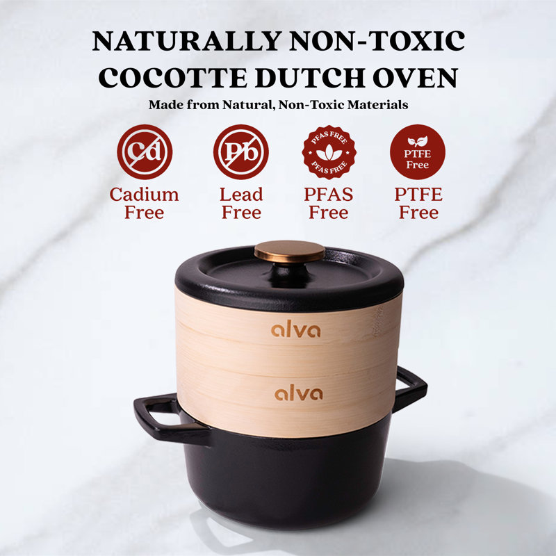 Alva 2 Qt Black Enameled Cast Iron Dutch Oven with Bamboo Inserts