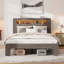 Cadre de lit grand, cadre de lit plateforme en bois avec tête de lit à DEL avec rangement et 2 ports USB, silencieux, aucun sommier nécessaire et outil d'assemblage facile, grand rangement sous le lit, brun foncé-1163757858-1163757860