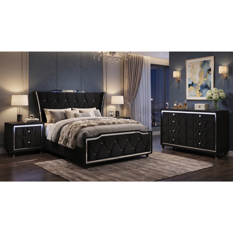 Ensemble de chambre avec grand lit 4 pièces Lincoln Ivory and Camel, Black, 4 Pcs: Bed, Dresser, 2 Nightstands, Queen