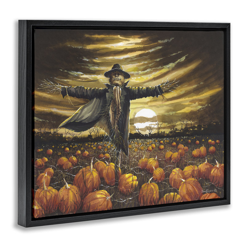 "Scarecrow in Pumpkin Field" par John Rossini, H 25 po x l 31 po, Cadre flottant noir de jais