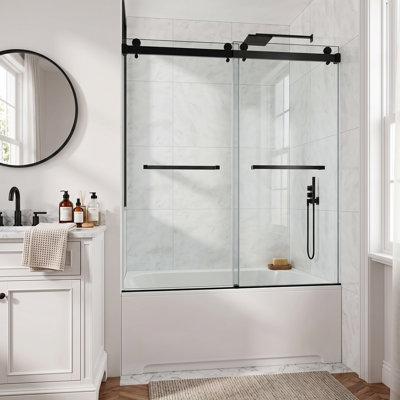 Porte de douche coulissante double sans cadre de 62 po à 67 po x H 60 po avec film incassable en verre trempé de 3/8 po (10 mm) et roulettes silencieuses
