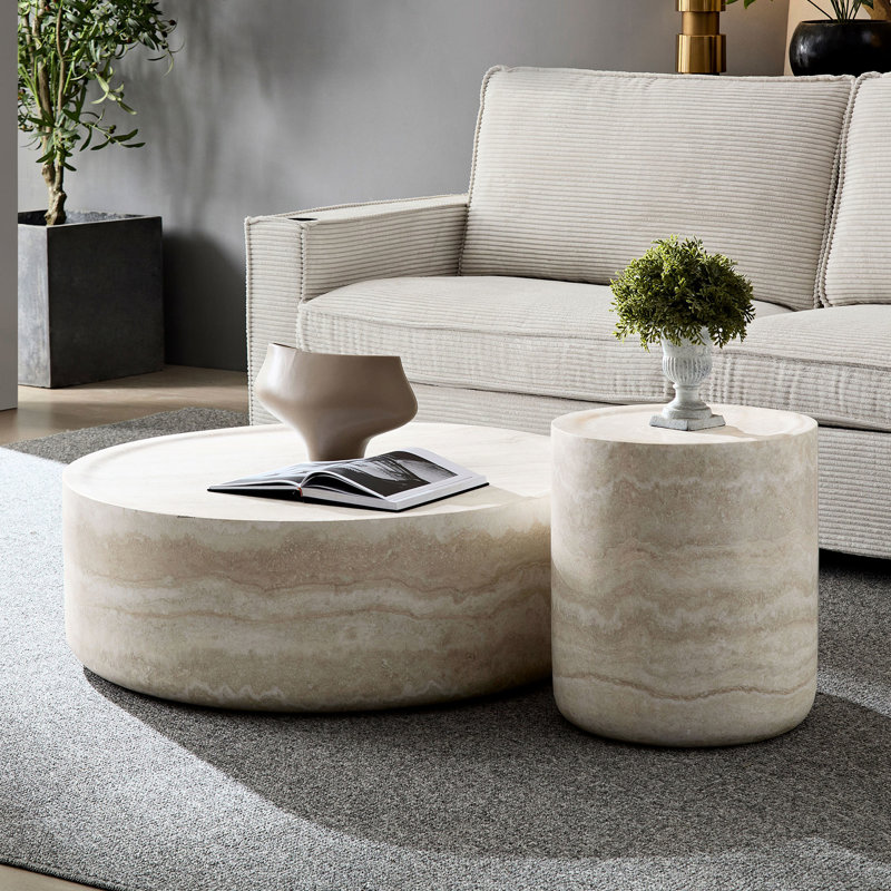 De 2 tables de salon texturées, table basse ronde et en fibre de verre sans assemblage, 2 tables d'appoint, conceptions, look apaisant