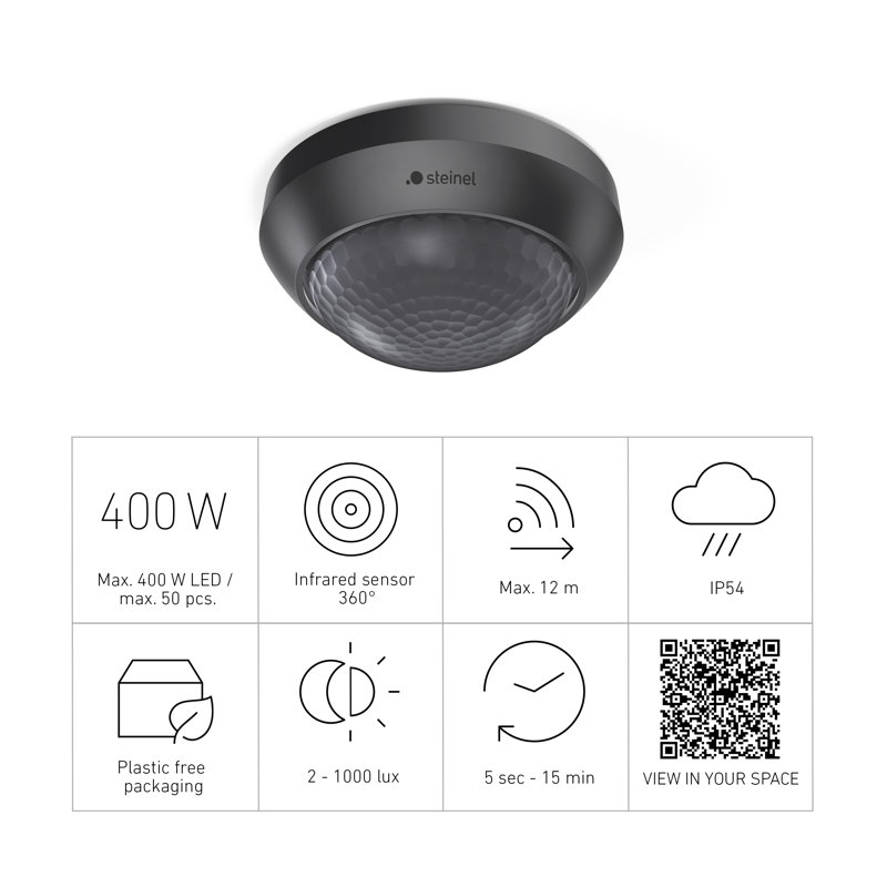 Motion Sensor IS 360-3 PIR Surface Ceiliung Mount 12 m Reach 2000 W, Black