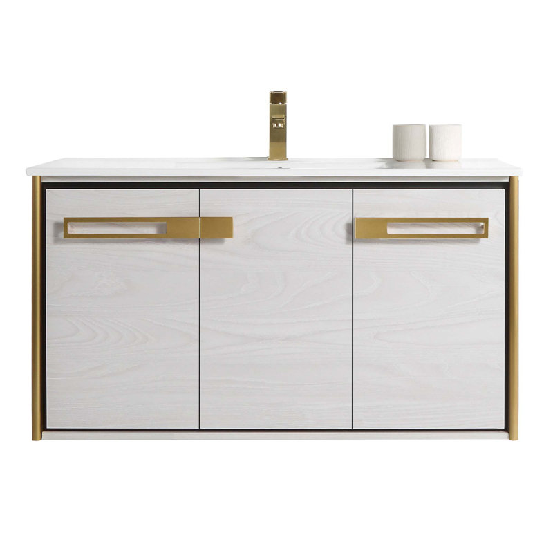42'' Single Bathroom Vanity with Vitreous China Top, Satin Brass, Mild Gray Oak
