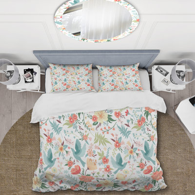Multicolore oiseaux et fleurs - Ensemble de housse de couette floral - Microfibre de polyester