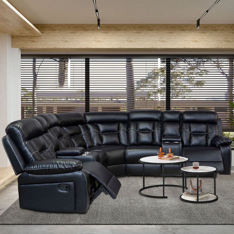 Canapé modulaire inclinable de 200,76 po Vangogne, Similicuir noir