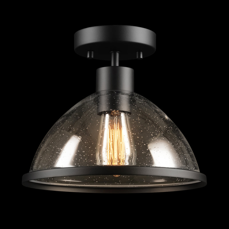 1-Light Outdoor Flush Mount Ceiling Light, Matte Black, Seeded Glass Shade, Weather Resistant