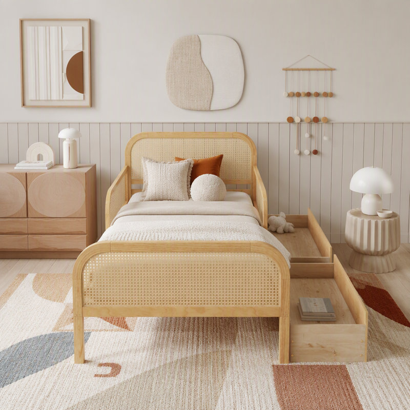 Structure de lit plateforme avec 2 tiroirs de rangement, lit en rotin pour enfants avec tête et pied de lit, Lit simple