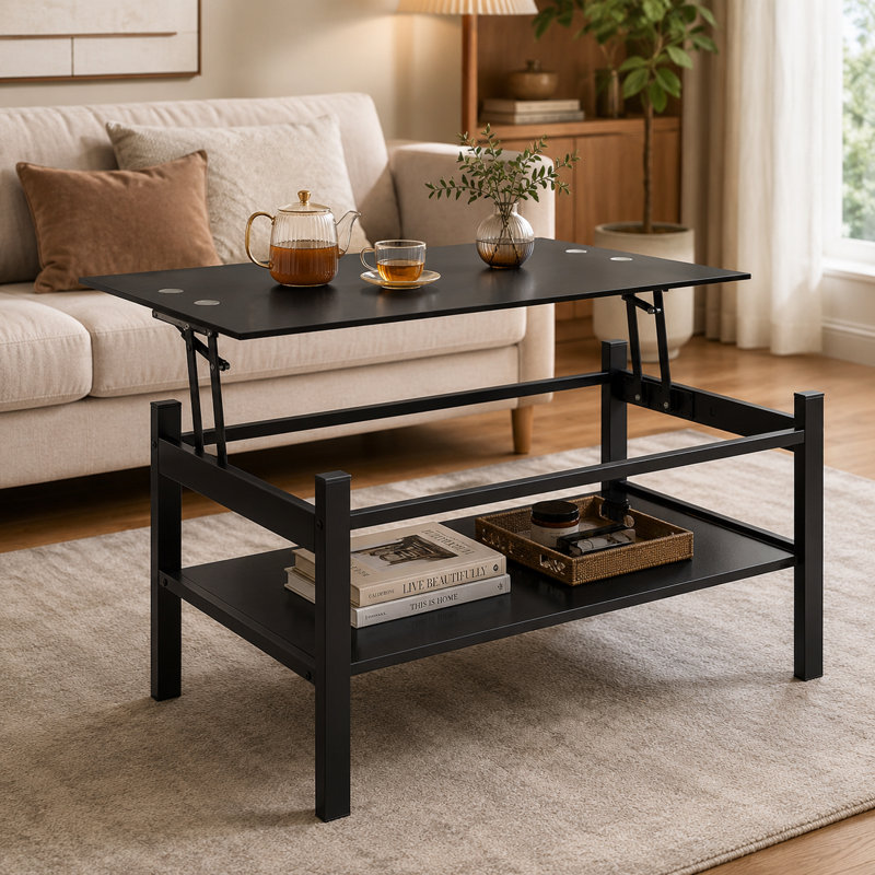 Table basse à plateau relevable en verre avec compartiment de rangement et tablettes ouvertes séparées, plateau de table relevable pour salon, bureau, noir