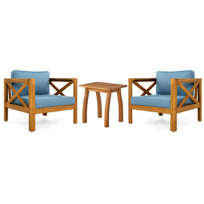 Ensemble de conversation pour patio, siège de loisirs en bois pour l'extérieur (ensemble de 2), fauteuil avec coussins, table de bout en bois d'acacia Selma, finition teck, coussin bleu