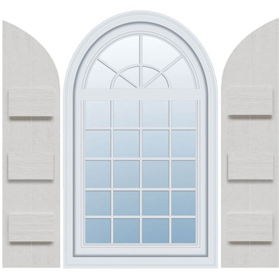 Timberthane Faux Rustic Joined Board-n-Batten Faux Wood Shutters w/Quarter Round Arch Top